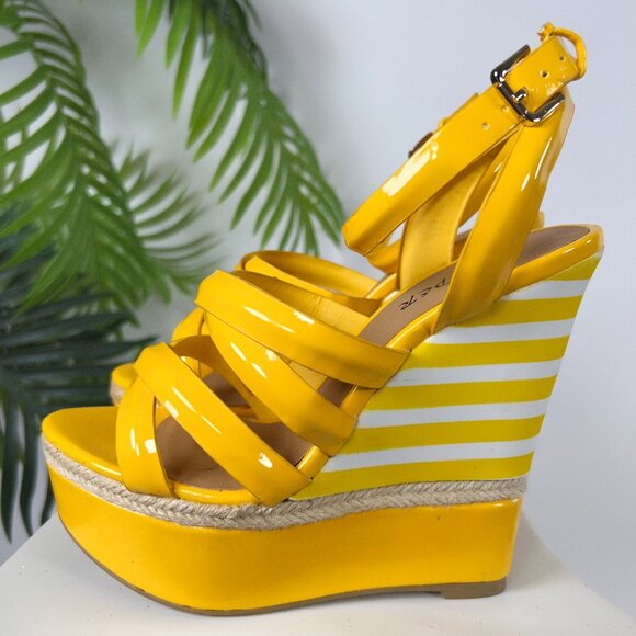 Vintage Y2K Yellow Striped Boho Strappy Open Toe Sandals Platform Wedge Heels /7 - Picture 8 of 8